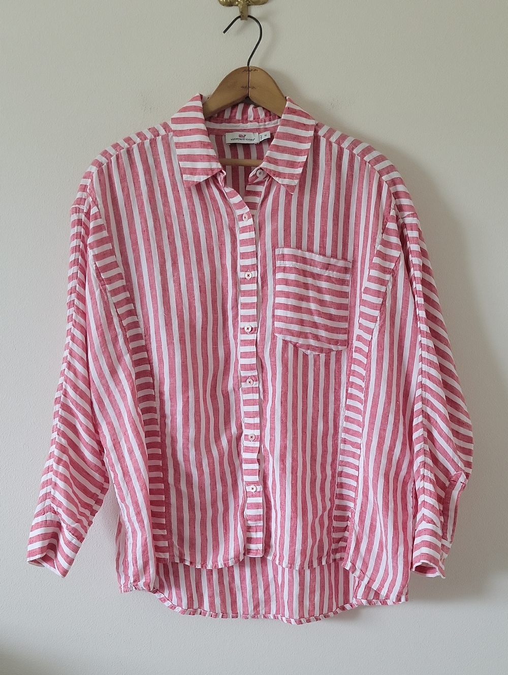 Vineyard Vines Red White Striped Linen Weekend Button Down Size 10